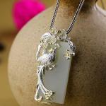925 Sterling Silver Sculptured Flower Bird Natural Jade Pendant Necklace