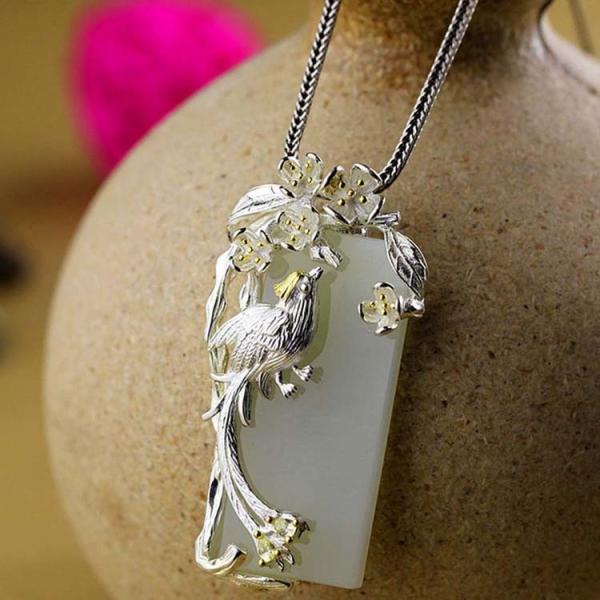925 Sterling Silver Sculptured Flower Bird Natural Jade Pendant Necklace