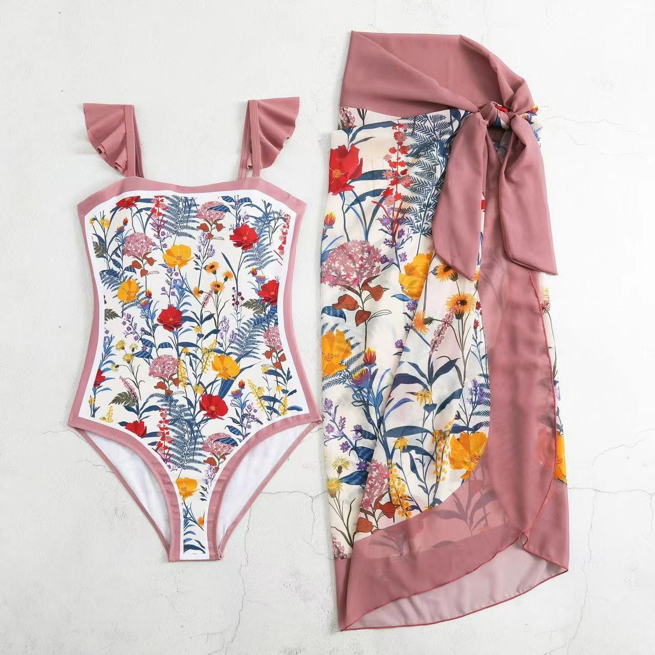 Fringed Bikini Three Piece Swimwear Ladies Flash Cloth 3 Piece Swimming Suit flower printing nylon material