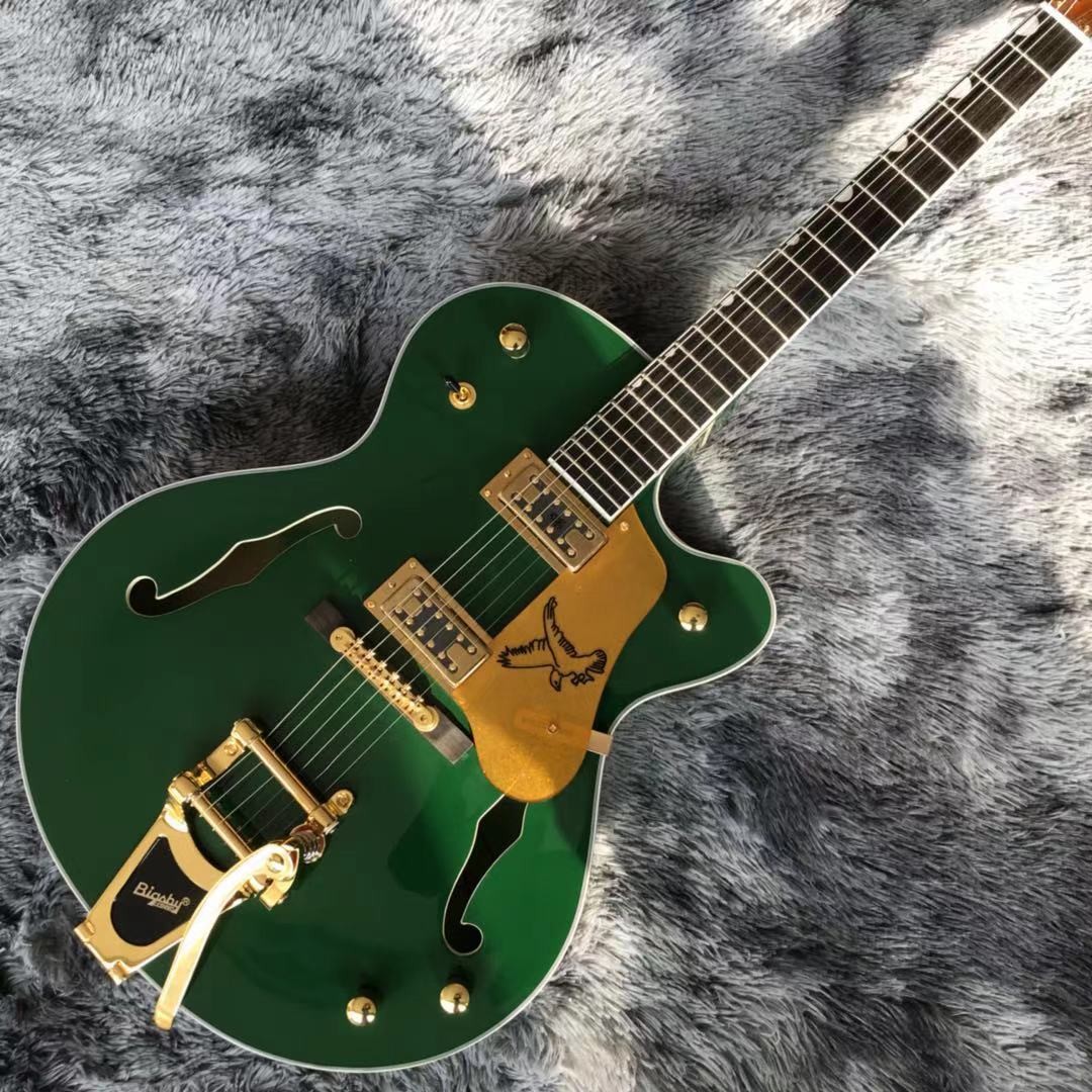 Custom Gret Electric Guitar in Green Color Semi Hollow Body Jazz Electric Guitar With Bigsby Tremolo and High Grade Tune