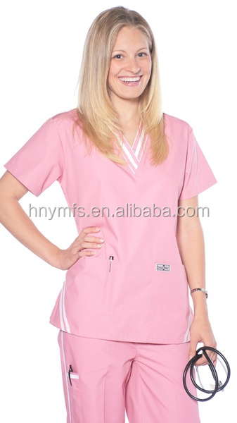 Short Sleeve Solid Color Stylish Nursing Scrubs 65% Cotton 35% Polyester