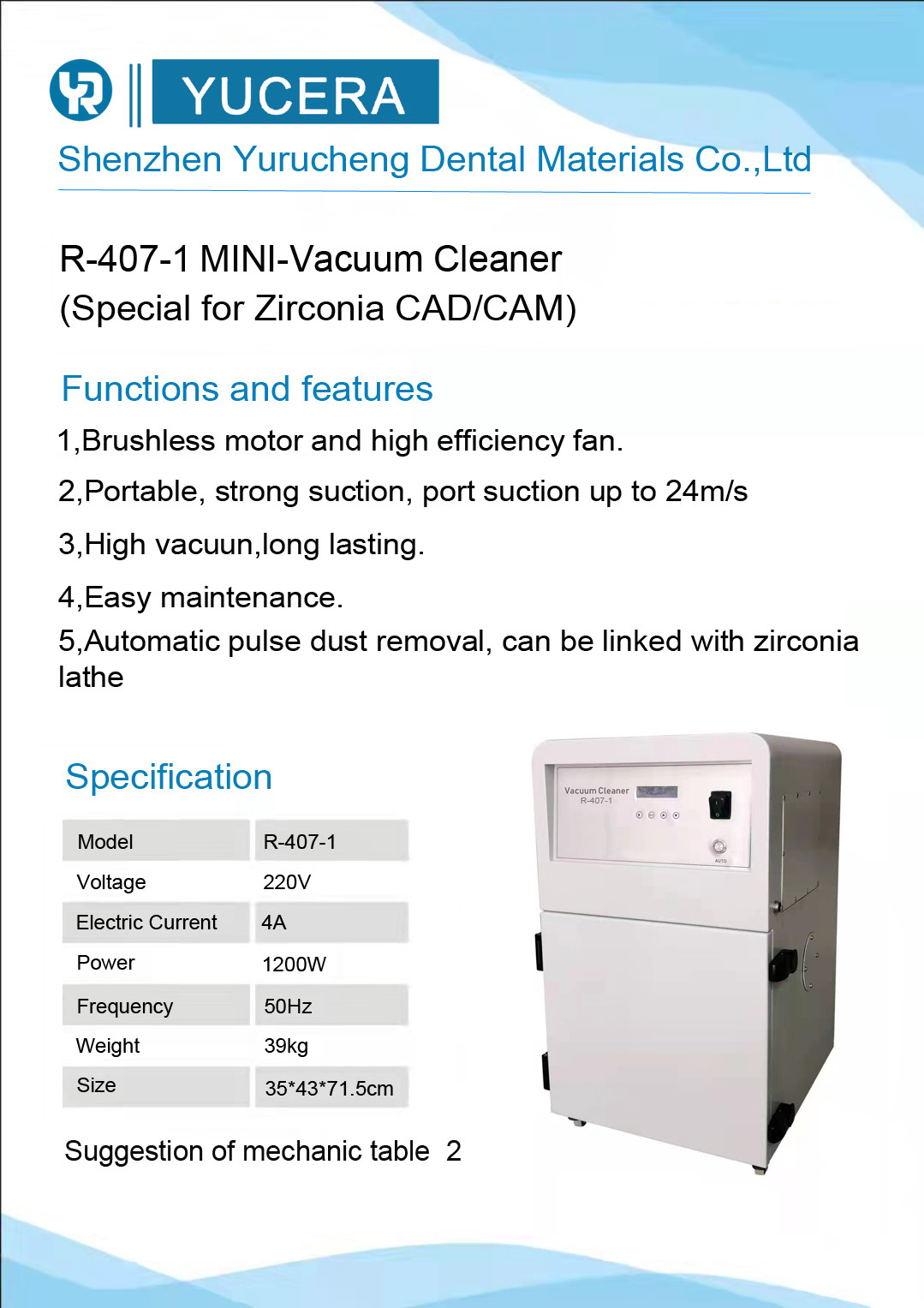 Yucera Dental Vaccum Cleaner High Speed Cleaning Zirconia Powder 1200W
