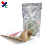 ASTM Kraft Paper Front Clear Stand Up Zipper Pouch Tear Notch Food Grade