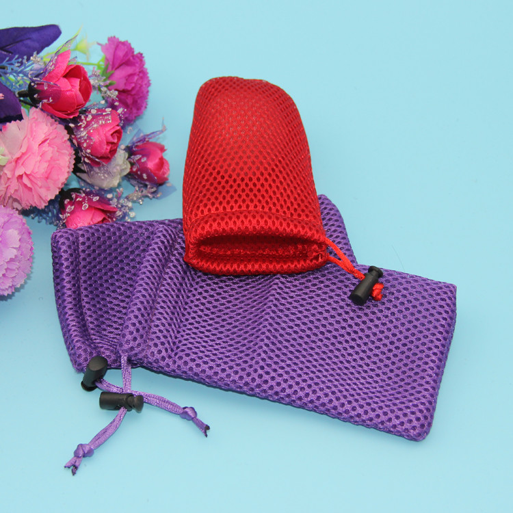 Customized colorful sandwich drawstring net mesh fabric power bank bag with label