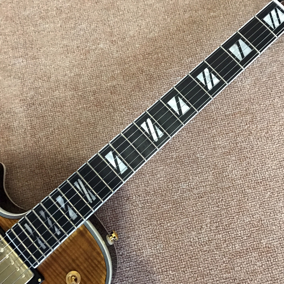 New high quality Custom LP left hand electric guitar, Ebony guitar, Flame Maple Top & Back, Double F hole, free shipping