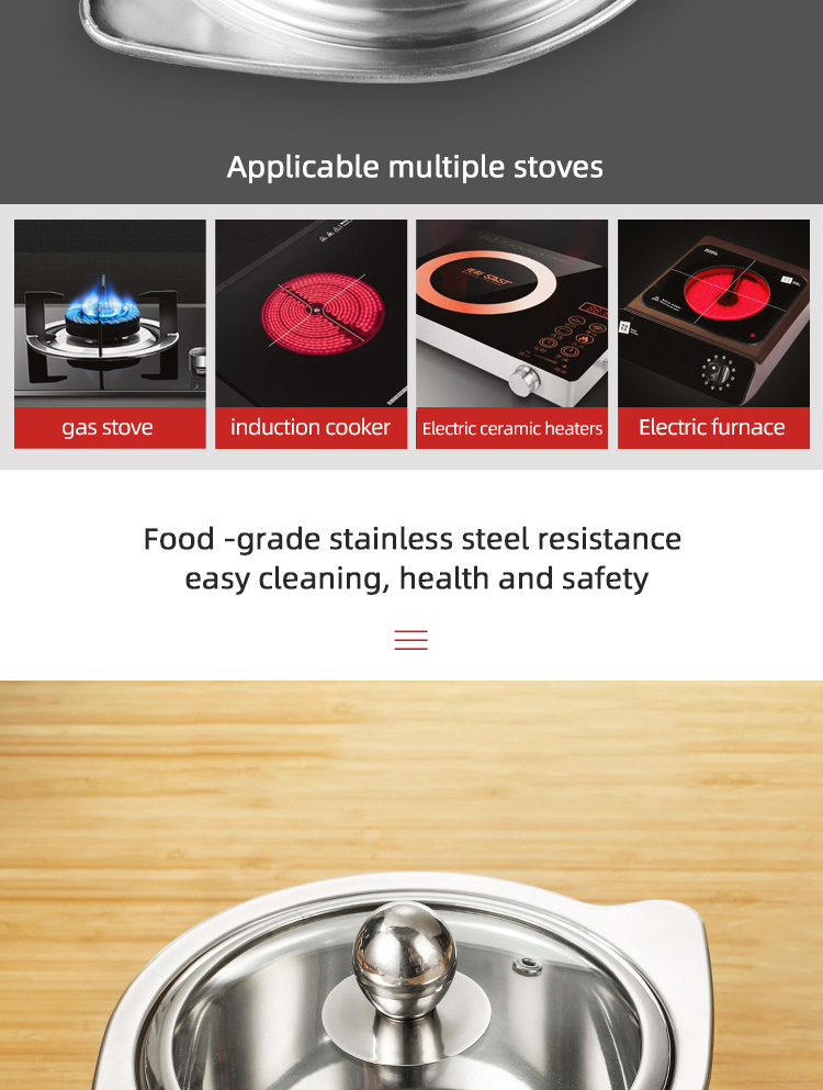 New Design Silver Kitchen Small Stock Pot Stainless Steel Shabu Shabu Induction Hot Pot With SS Double Ear Handles