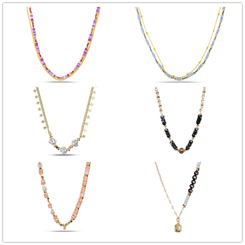 Multicolor Heishi Beads Necklace , Beach Girl Metal Chain Necklace