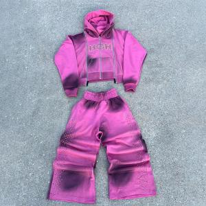 Quality OEM Manufacturer Custom Rhinestone Zip up Hoodie Three Zippers Acid Washed Tracksuits Dirty Sweatpants and Hoodie Sets wholesale