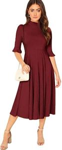 Quality Clothing Ribbed Knit Bell Sleeve Fit And Flare Midi Dress wholesale