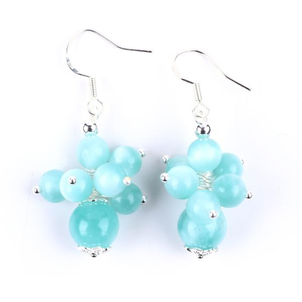 Handmade Light Lake Blue Jade Healing Spiritual Round Bead Flower Dangle Earring
