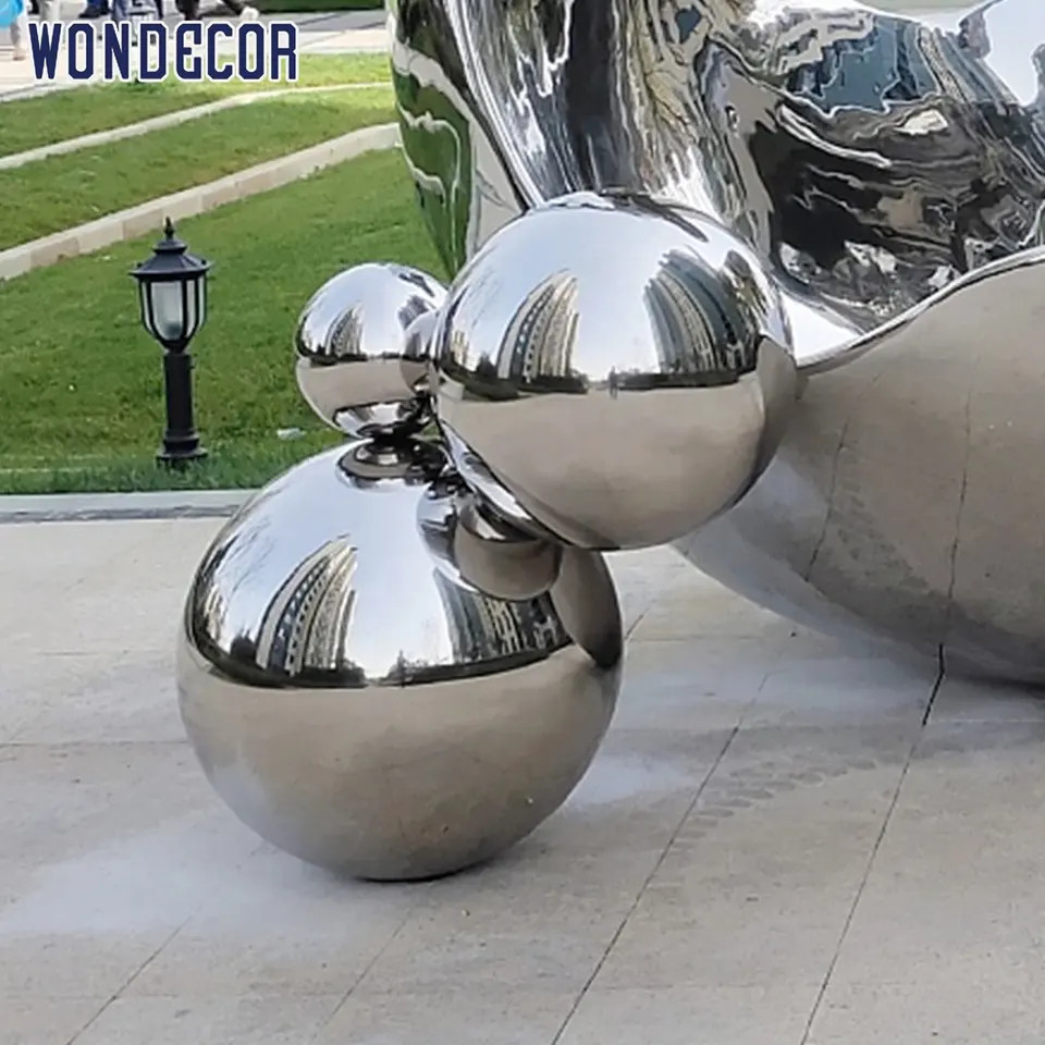 Large Outdoor Garden Mirror Polished Forged Metal Sculpture Hollow Sphere