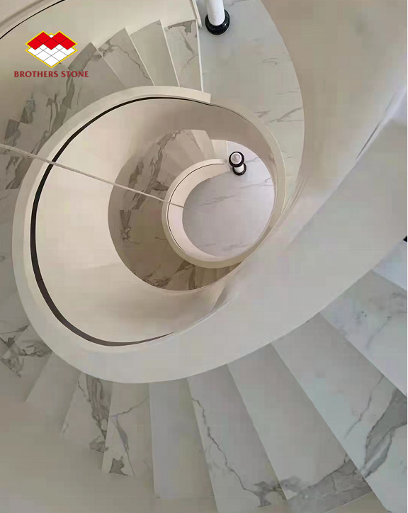 MOHS 6-7 Hardness White Marble Look Porcelain Tile Stairs with Customized Design