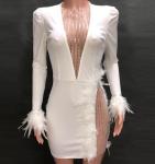 V Neck Women Casual Dresses Mesh - Paneled Feather - Embellished Slim - Fit
