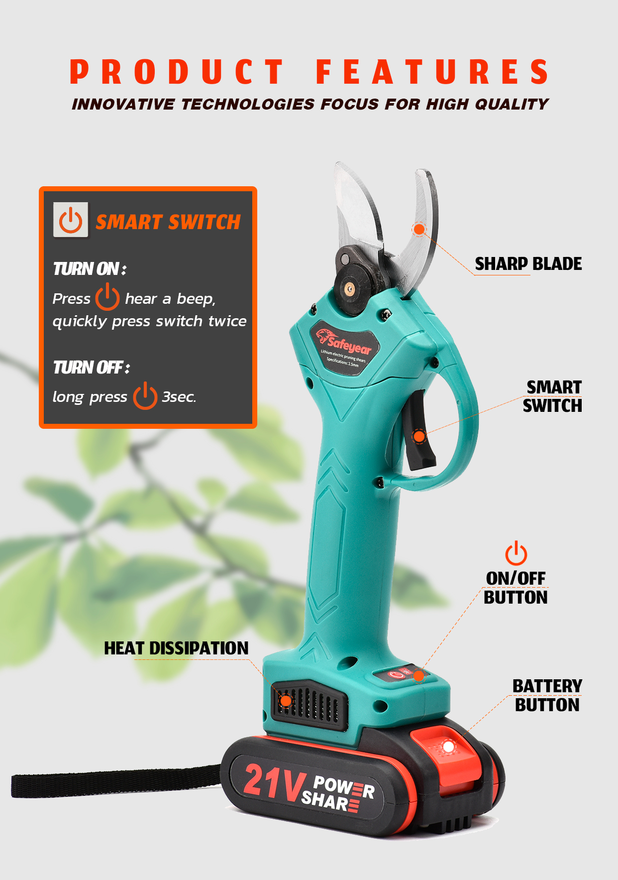 35mm Electric Branch Scissors Ratchet 1300mAH Battery Operated Pruning Shears