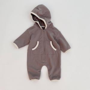 Quality French Terry Beige New Born Rompers Baby Pocket Hooded Zip Up Jumpsuit wholesale