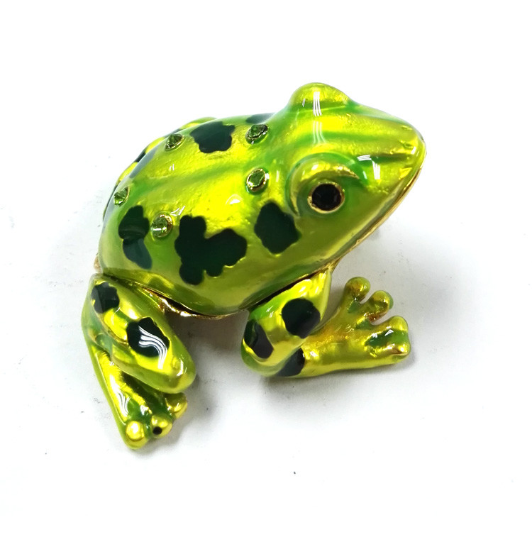 wholesale green crystal frog design metal trinket frog shape metal jeweled enamel trinket boxes