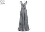 Back Bandage Grey A Line Dress / V Neck Long Silver Beaded Prom Dress Sleeveless