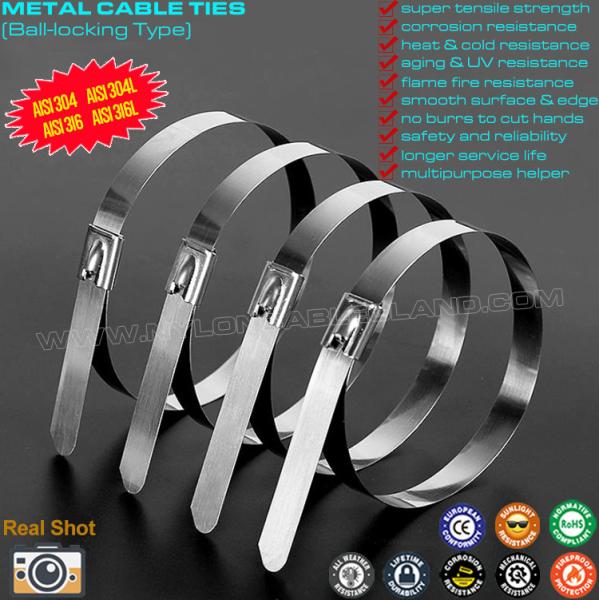 SS316L, SS316, SS304 Uncoated Stainless Steel Ball-lock Cable Ties, Self-locking