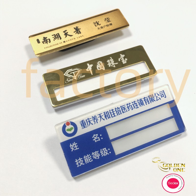 wholesale gold plated labels engrave concave custom embossed brand name logo tags metal name tag with magnet