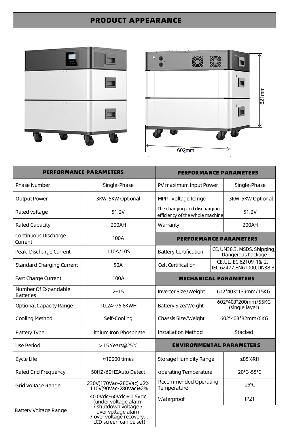 12.8kwh 25.6kwh Lithium Battery for Solar Energy Storage System IP55 Protection Class