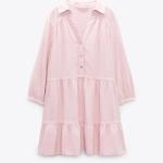 MID Long Sleeves Cotton Casual Dress Pleated Skirt Polyester