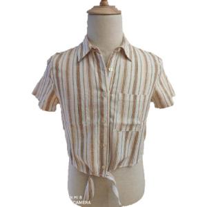 Quality Tie Front Short Sleeve Female Brown Striped Blouse wholesale