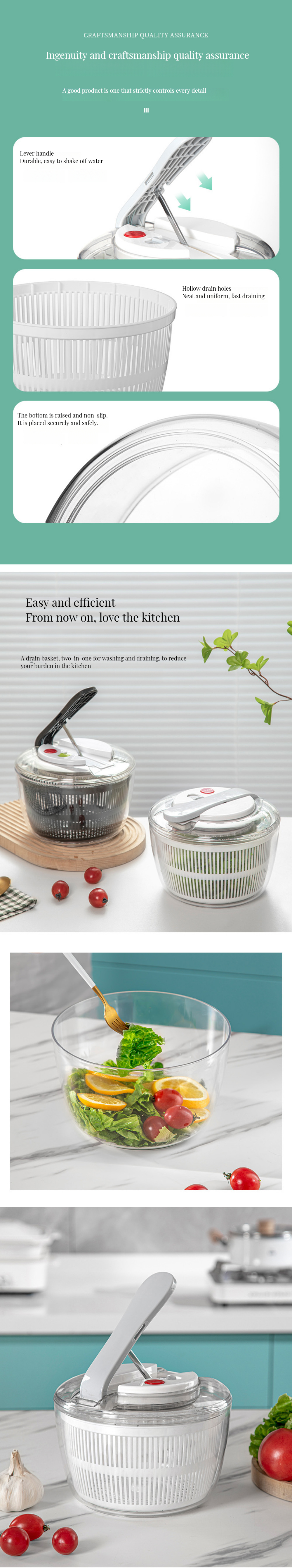 Home Kitchen Multifunction 3-in-1 Large Manual Bamboo Lettuce Salad Spinner with Lid