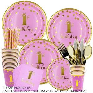 Quality Baby'S Birthday Party Pink Paper Plate Napkin Cup Straw Tablecloth Decorative Birthday Party Supplies wholesale