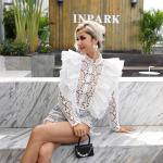 Longn Sleeved High Neck Flared Blouse Chic White High Waisted Lace Tops With