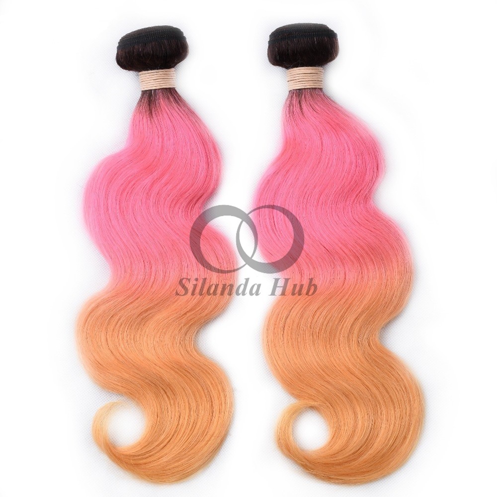 #T1B/Pink/Orange Body Wave Remy Human Hair Bundles Sew In Weave Bundles Brazilian Bundle Deals