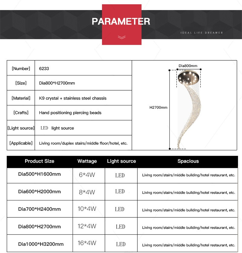 Long Staircase Crystal Chandelier LED Modern Lamp Luxury Spiral Hanging Light(WH-NC-38)