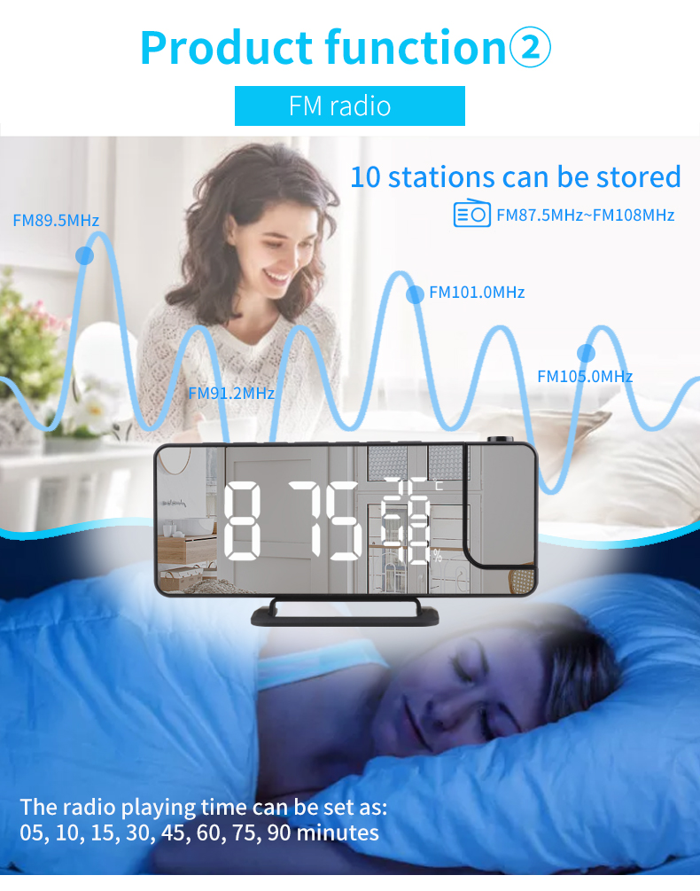 LED Digital Temp And Humidity Meter With Radio And Digital Projection Alarm Clock Black And Silver
