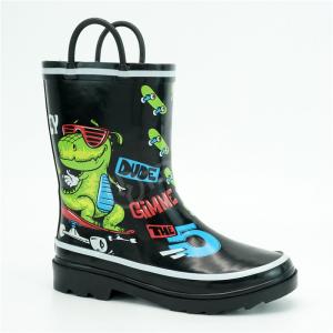 Quality Kids Black Dinosaur Printed Rain Boots Tear Resistant wholesale