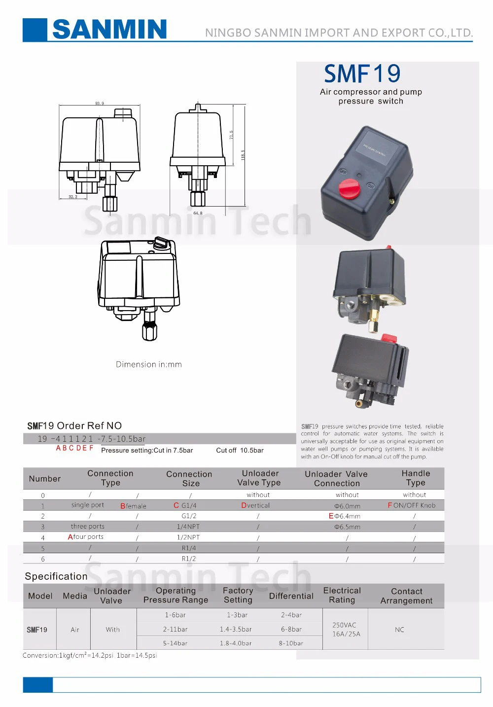 SMF 19 Pressure Switch 1/4 G NPT T Reliable Control Switch High Quality For Air Compressor Pump NBSANMINSE