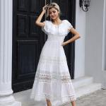 High Neck Ladies Lace Dresses Balloon Long Sleeve Lace Up Dress With Elastic