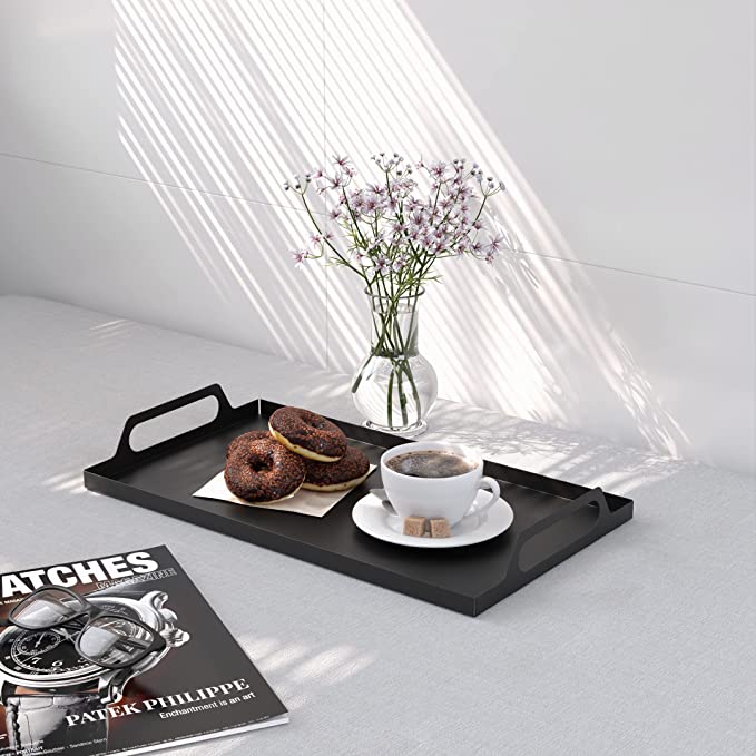 Serve Snacks in Style with this Rectangle Black Metal Tray with Handles 16.7x9.5 inches