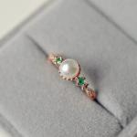 Plated Natural Freshwater Round Cut Pearl Green Emerald Vintage Engagement Ring