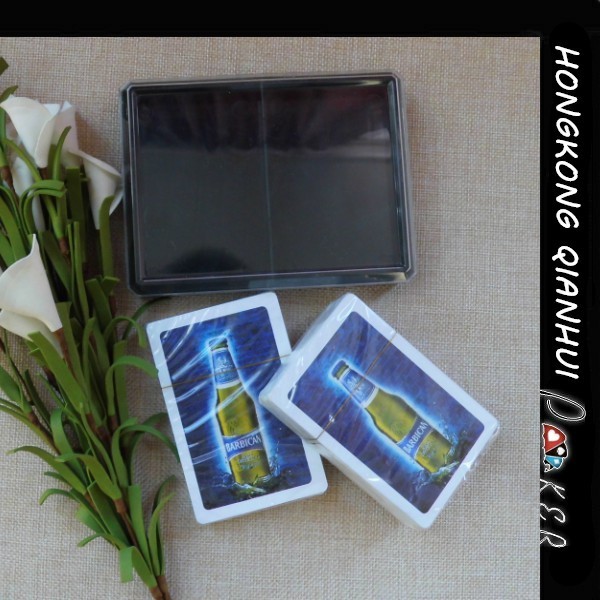 CUSTOM PLASTIC PLAYING CARDS IN PLASTIC BOX FOR BEER ADVERTISING PURPOSE