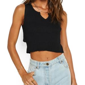 Quality Basic Solid Slim Fit Cropped Rib Knit Tank Top Cotton Polyester Blend Tank Tops wholesale