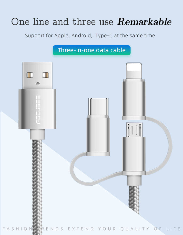2M Multi Function Data Cable Explosionproof 3 In 1 Fast Charging Cable
