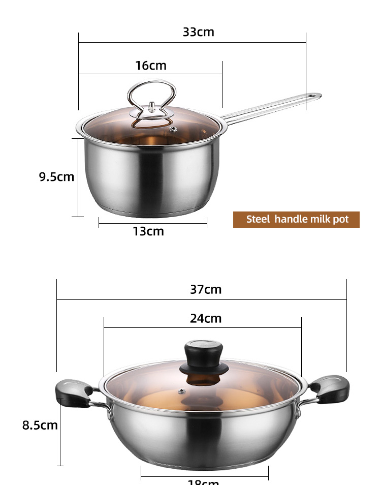 Amazon Top Seller Multipurpose 6Pcs Flat Bottom Milk Soup Pot Stainless Steel Cookware Sets With Glass Lid