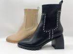 Tan soft cow leather Womens Dress ankle Boots with shaft studs in metal，square