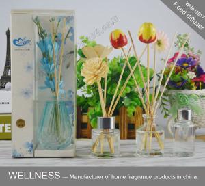 Quality Exquisite Colorful Wooden Reed Diffuser With Customized Clear Bottle , Silver Lid And Wood Flower wholesale