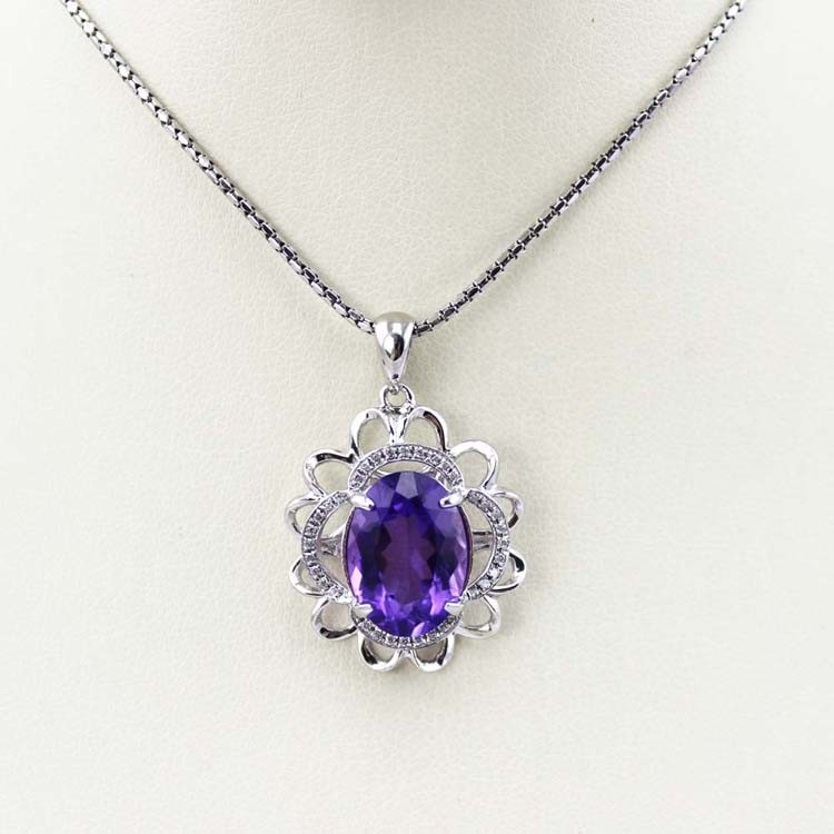 Silver Chain Necklace 10mm x14mm Oval Amethyst Cubic Zircon Pendant (PSJ0173 )