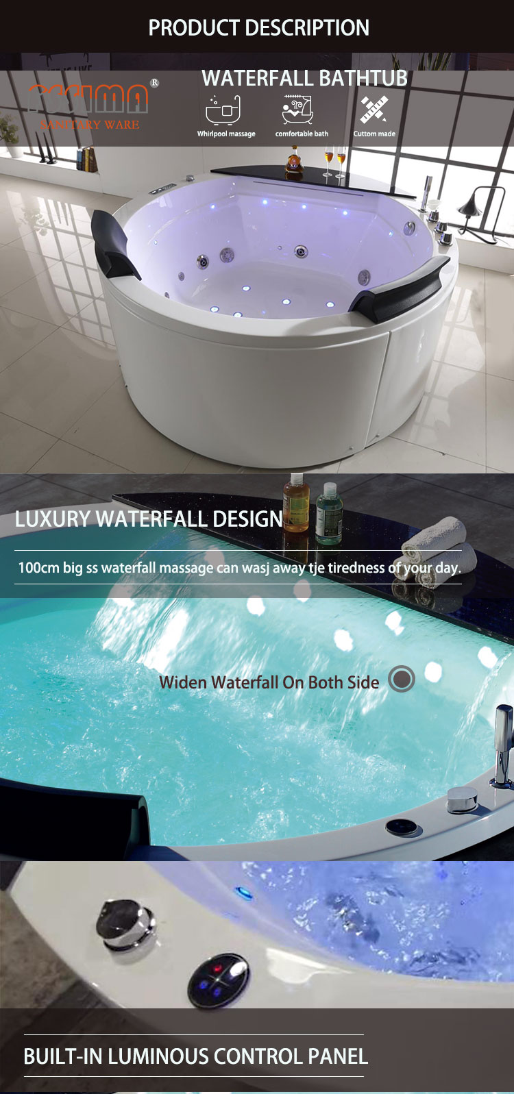 Freestanding Round Whirlpool Bathtub With Jets Swim Spa Hot Tub 1700MM