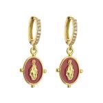 Crystal Rhinestone Hoop Earrings Gold Plated Virgin Mary Pendant OEM