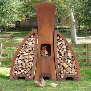 Quality Contemporary Corten Fireplaces Modern Outdoor Metal Chimenea With Storage wholesale