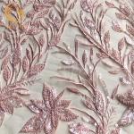 Popular Pink Beaded Wedding Lace Fabrics 20% Polyester Water Soluble