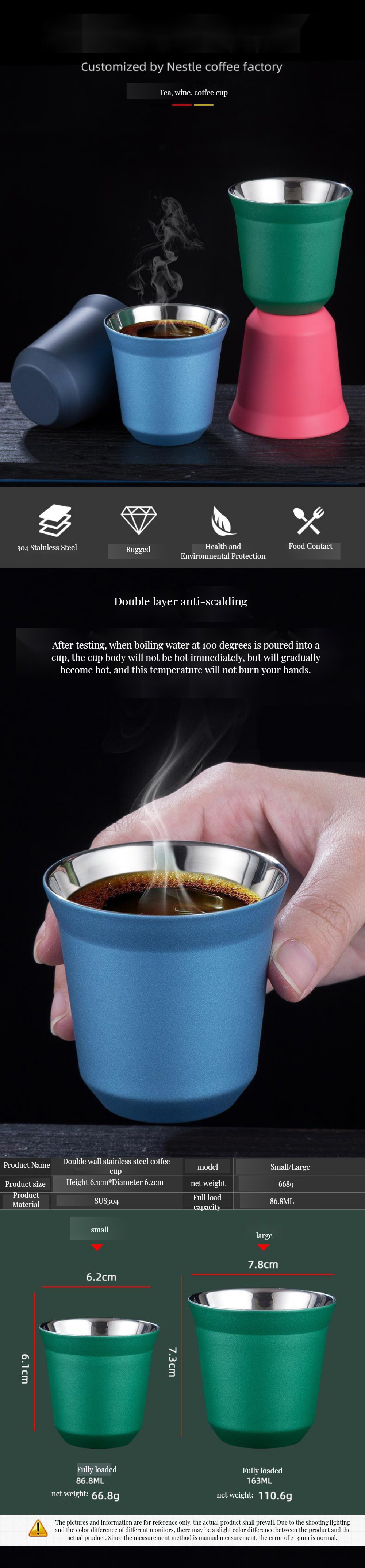 Drinkware Type MUGS 80ML Double-Layer Stainless Steel 304 Coffee Cup for Parties