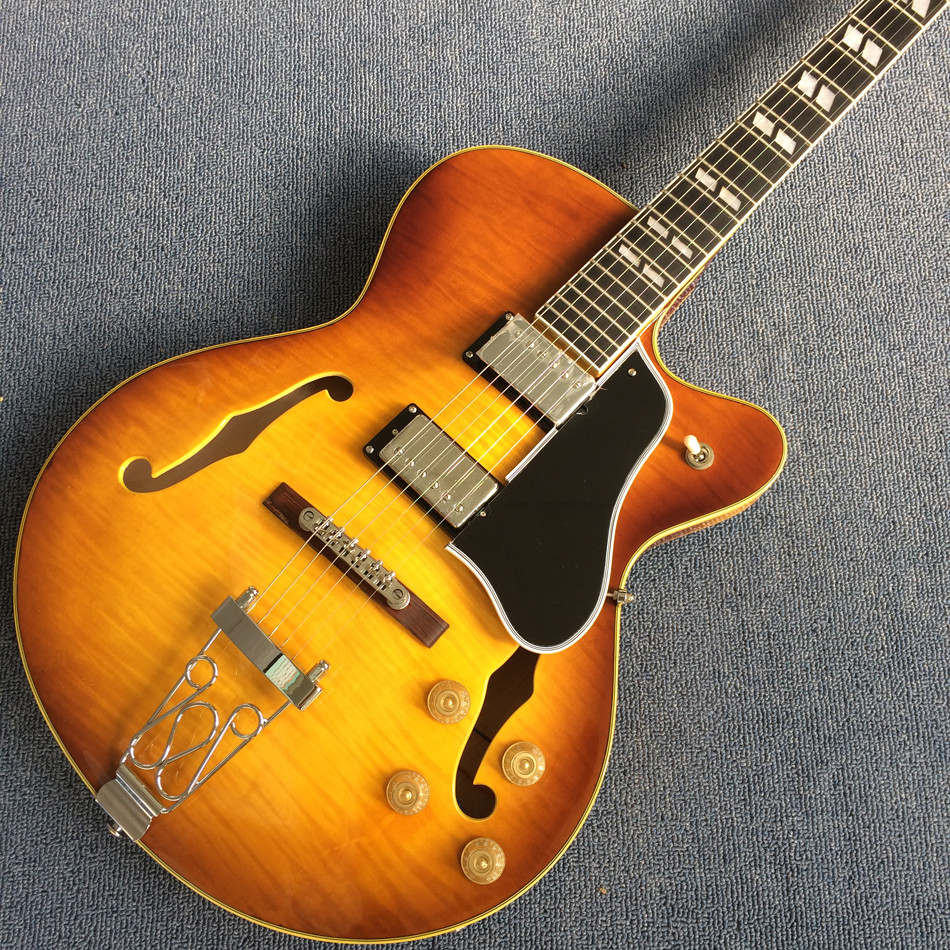 Hollow body jazz electric guitar, Chocolate color electric guitar with Tremolo system,Ebony Fingerboard